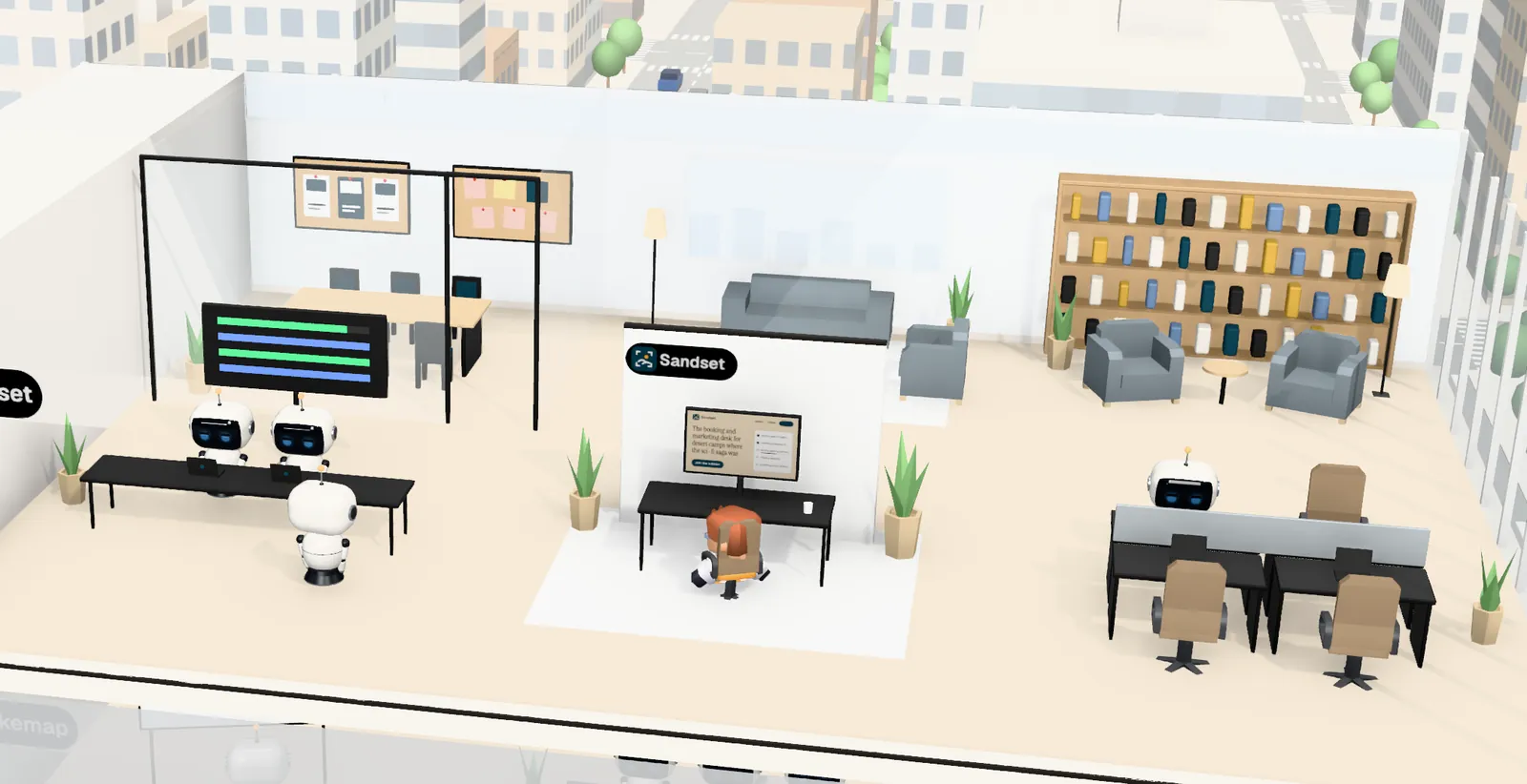 Sandset’s office on floor 12 of Tower 1: the owner’s desk with the website on screen, the agents’ bench, a meeting room and a library